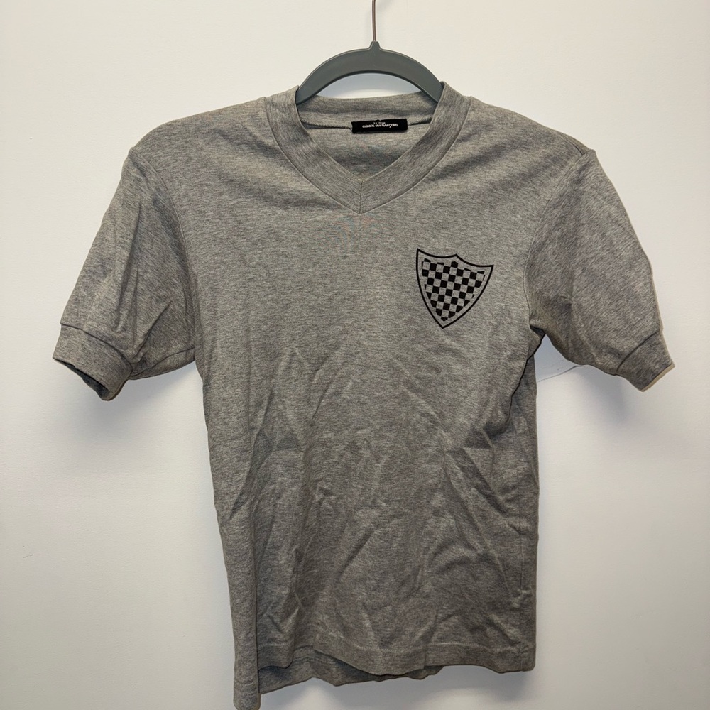 Comme des Garcons Grey V‑Neck Tee with Checker Shield